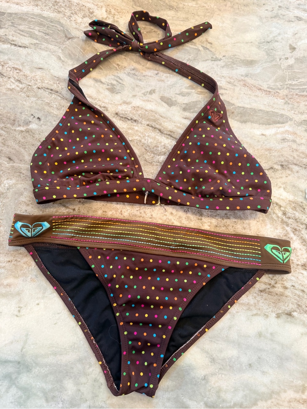 Roxy Brown Rainbow Polka Dot Bikini Set Large Y2K Surf Flawed